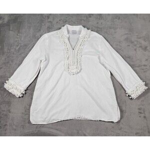 Chicos Tunic Size 1 M PETITE White Linen Blend Embellished Pom Pom Coastal Boho
